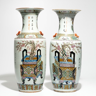 A pair of tall Chinese famille rose vases with incense burners, 19th C.