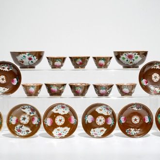 Two Chinese famille rose capucin-ground bowls and eight cups and saucers, Qianlong