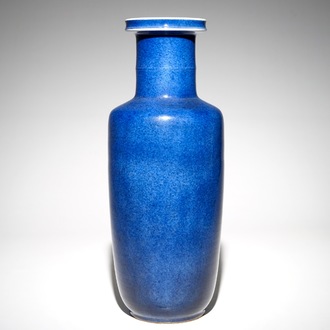 A Chinese monochrome powder blue rouleau vase, Kangxi