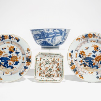 A Chinese blue and white bowl and a famille verte tray, Kangxi, and a pair of Imari style plates, Qianlong