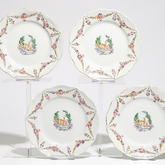 Four Chinese famille rose plates with a deer, Qianlong