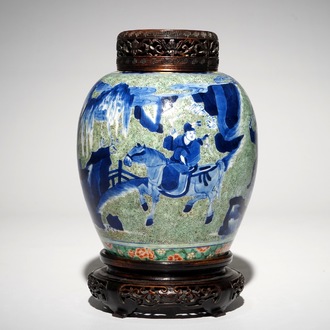 A Chinese famille verte jar with wooden cover and stand, Kangxi