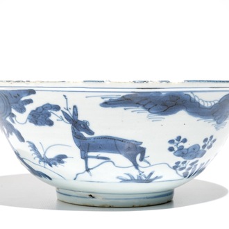 A Chinese blue and white bowl with deer, Wanli