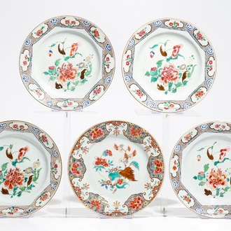 Five Chinese famille rose floral plates, Qianlong