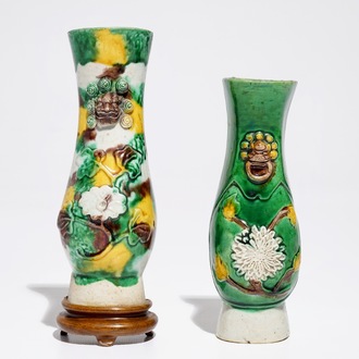 Two Chinese famille verte biscuit wall vases, Kangxi