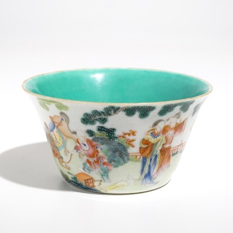 A small Chinese famille rose bowl with figural design, Jiaqing mark and period