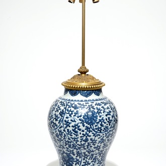 A Chinese ormolu-mounted blue and white baluster vase lamp, Kangxi