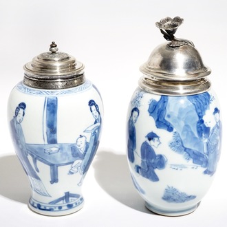 Two Chinese blue and white silver-mounted tea caddies, Kangxi