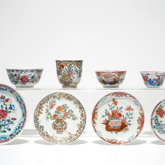 Four Chinese famille rose cups and saucers, Yongzheng/Qianlong