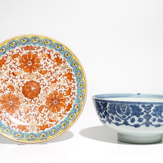 A Chinese blue and white bowl, Qianlong, and an iron red dish, 19th C.