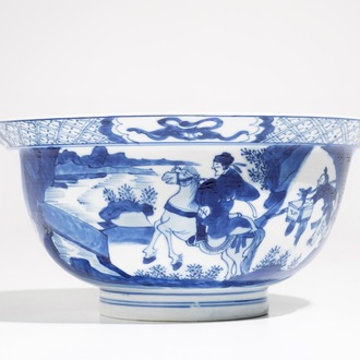 A Chinese blue and white klapmuts bowl with figural design, Chenghua mark, Kangxi