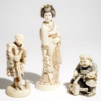 Three signed Japanese ivory okimono, Meiji, 19th C.