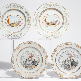 A pair of Chinese grisaille plates with erotical subject and a pair of Meissen style plates, Qianlong