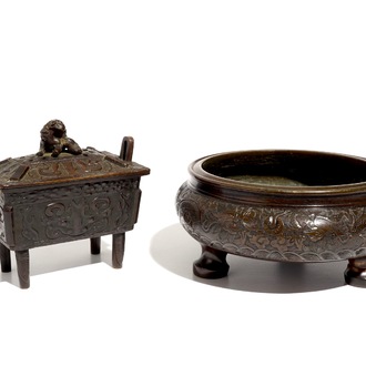 Two Chinese bronze incense burners, one with cover, 19/20th C.