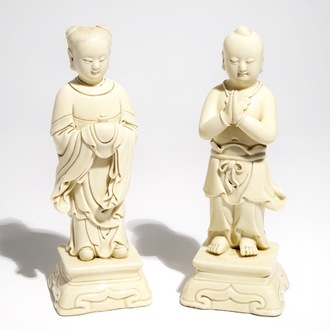 A pair of Chinese blanc de Chine models of a boy and a girl, 20th C.