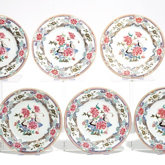 Six assiettes en porcelaine de Chine famille rose à décor de faisants, Yongzheng/Qianlong