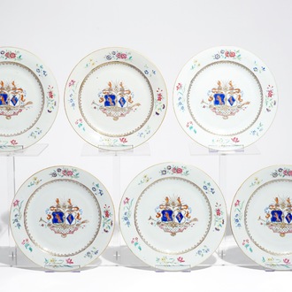 Six Chinese famille rose armorial plates, Qianlong