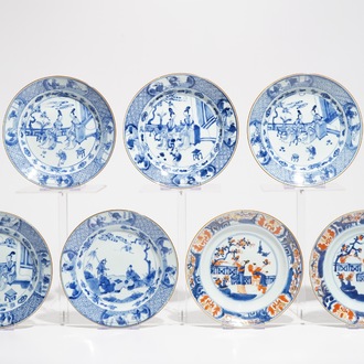 Seven Chinese blue and white and Imari style plates, Kangxi/Yongzheng