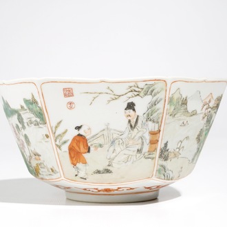 A Chinese hexagonal famille rose bowl, Jiaqing mark, 19/20th C.