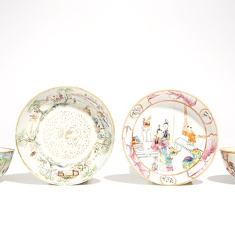 Two Chinese famille rose cups and saucers, Qianlong and 19th C.