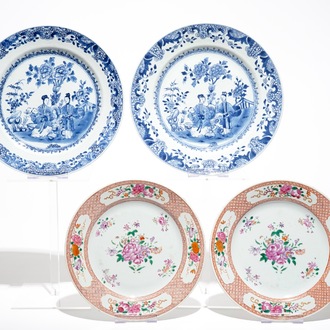 A pair of Chinese blue and white dishes and a pair of famille rose plates, Qianlong