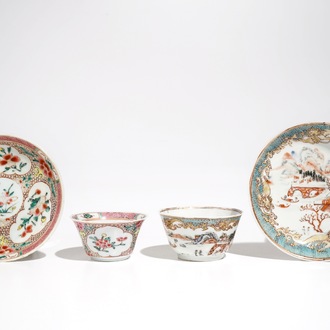 Deux tasses et soucoupes en porcelaine de Chine famille rose, Yongzheng/Qianlong