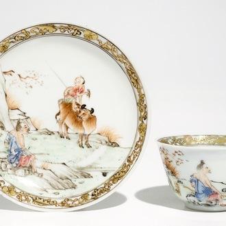 A Chinese famille rose cup and saucer with fine figural design, Yongzheng