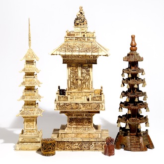 Three large Chinese and Japanese bone and soapstone pagoda, a soapstone seal and a small box, 19/20th C.