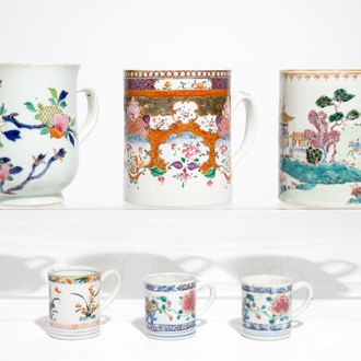Six Chinese famille rose and famille verte mugs, Kangxi/Qianlong