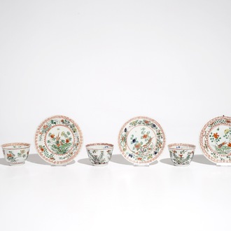 Four Chinese famille verte cups and saucers, Kangxi