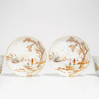 A pair of Chinese Meissen style cups and saucers with a harbour scene, Qianlong