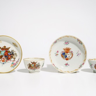 Two Chinese famille rose Dutch market armorial cups and saucers, Qianlong