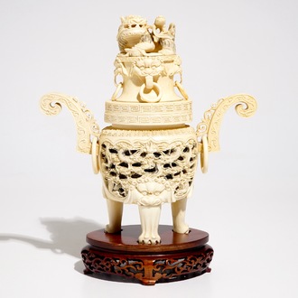 A Chinese reticulated ivory incense burner on stand, ca. 1900