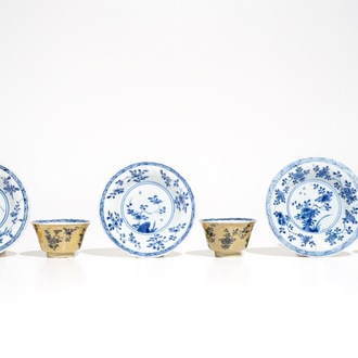 Three Chinese blue and white and café au lait-glazed cups and saucers, Kangxi