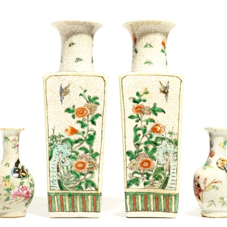 A pair of Chinese square famille verte vases and a pair of famille rose crackle-ground vases, 19/20th C.