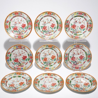 Nine Chinese famille rose floral plates, Yongzheng/Qianlong