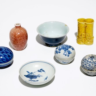 Three small Chinese blue and white boxes, two bowls and two small monochrome vases, Ming and later