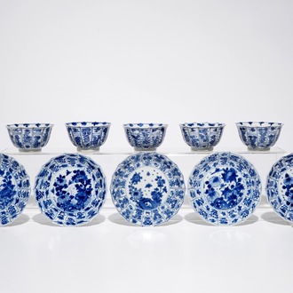 Five Chinese blue and white cups and saucers, Kangxi