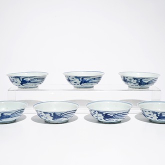 Seven Chinese blue and white phoenix bowls, Ming