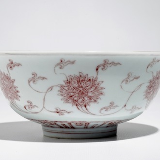 A Chinese underglaze red lotus scroll bowl, Kangxi mark, 20th C.
