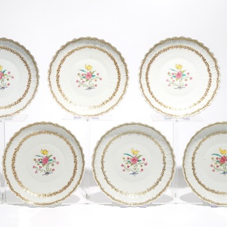 Six Chinese famille rose plates with Löwestoft design, Qianlong