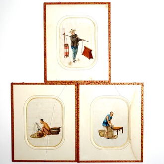 Three framed Chinese Cantonese rice paper paintings of professions, 19th C.