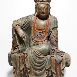 Een grote Chinese polychrome houten Boeddha, 19e eeuw