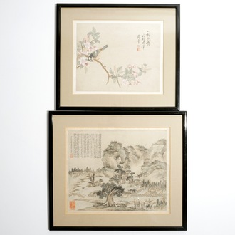 Two framed Chinese paintings of a landscape and a bird on branch, 18/19th C.