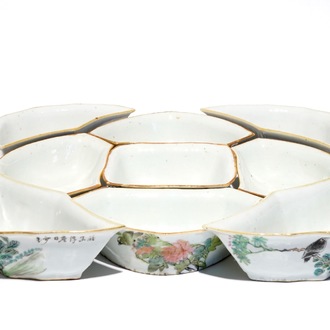 A Chinese qianjiang cai sweetmeat or rice table set with birds among flowers, 19th C.