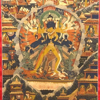 Een Tibetaanse thangka voorstellende Chakrasamvara, 19/20e eeuw