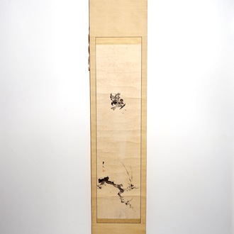 A Chinese paper scroll painting of birds above a branch, signed, 19/20th C.