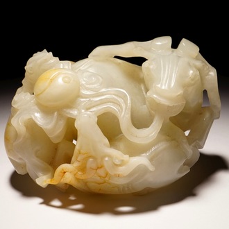 A Chinese white jade carving of a "Three rams" group, 19/20th C.