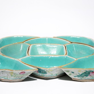 A Chinese famille rose sweetmeat or rice table set with lotus pond design, 19th C.