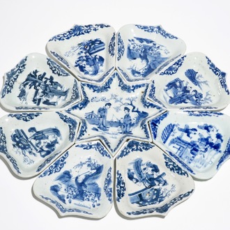 A Chinese blue and white sweetmeat or rice table set with figural design, Kangxi